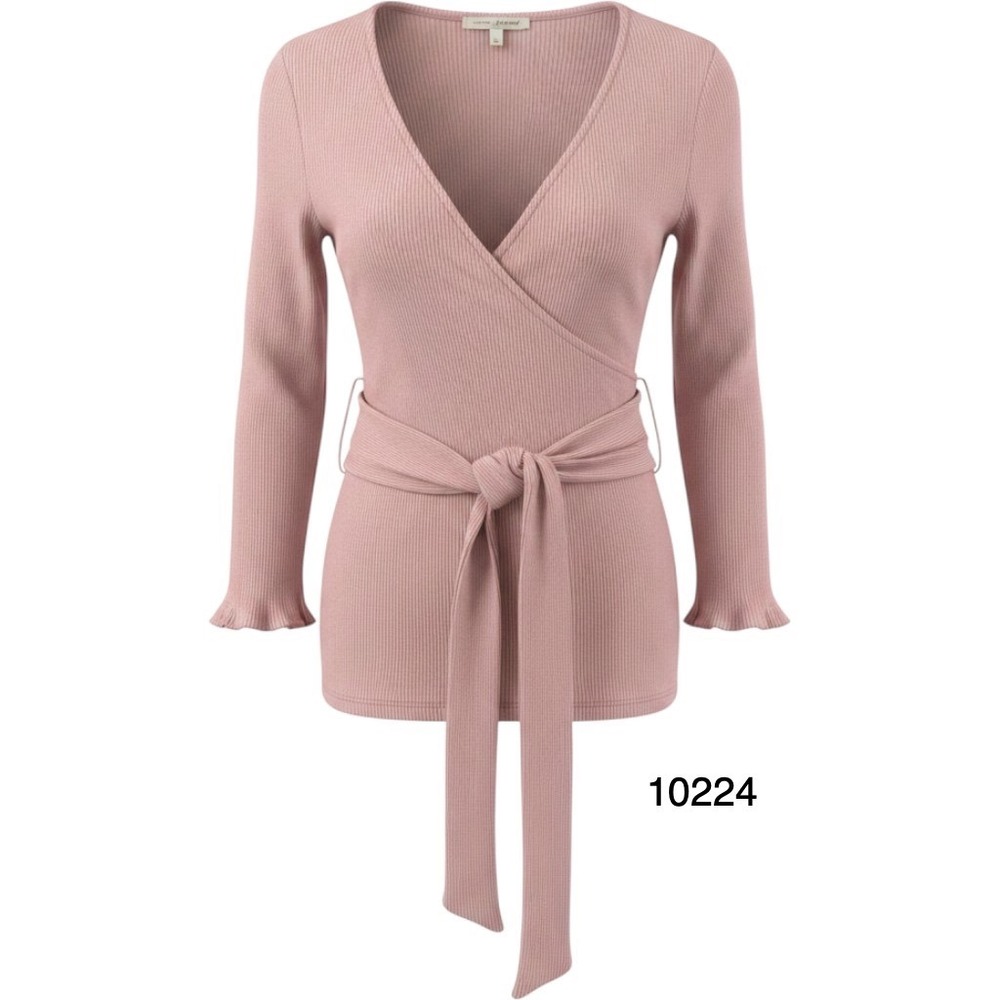 Express One Eleven Wrap Top Women's Large Pink Ribbed Knit Tie Waist Deep V Neck